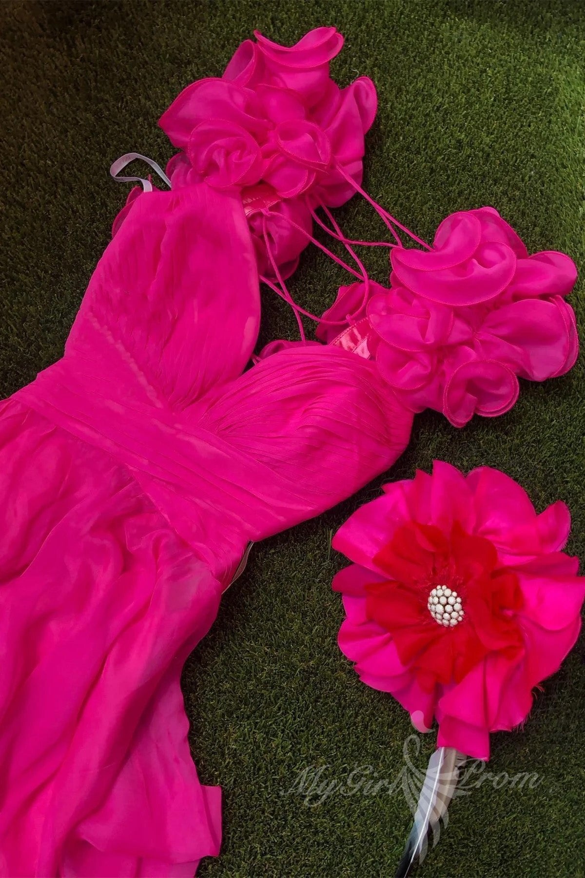 Hot Pink Ruffles Plunging V-Neck A-Line Chiffon Long Prom Dresses