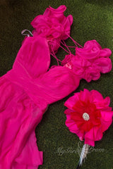 Hot Pink Ruffles Plunging V-Neck A-Line Chiffon Long Prom Dresses