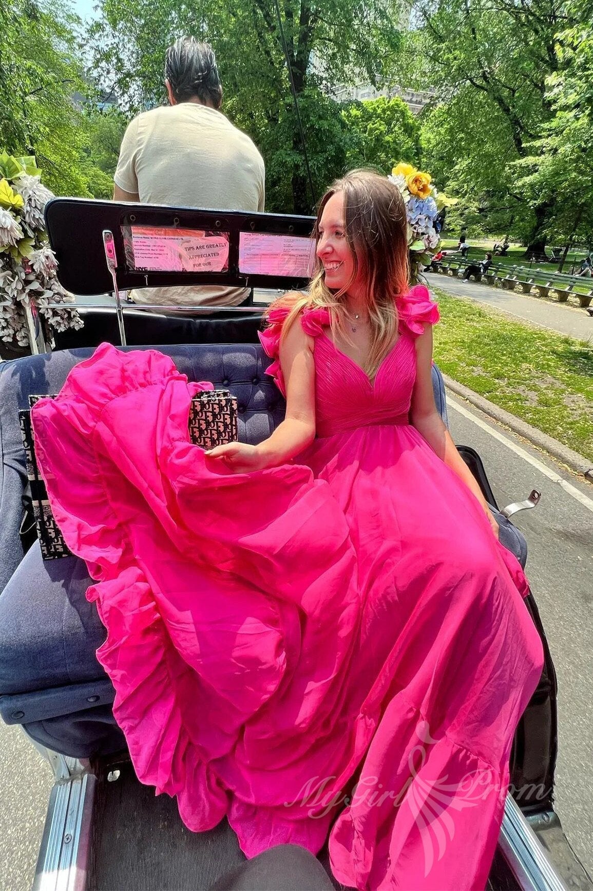 Hot Pink Ruffles Plunging V-Neck A-Line Chiffon Long Prom Dresses