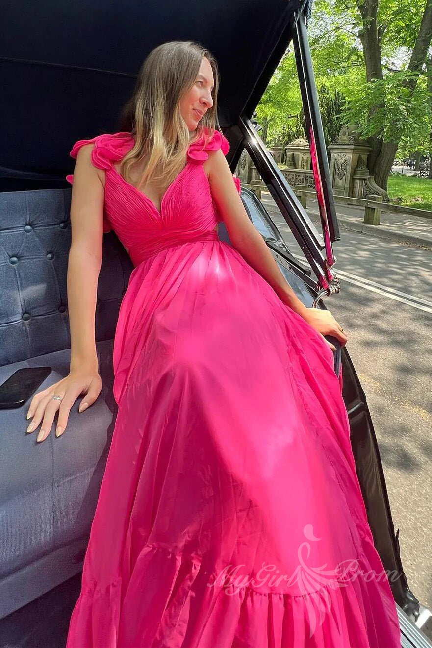 Hot Pink Ruffles Plunging V-Neck A-Line Chiffon Long Prom Dresses