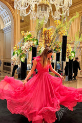 Hot Pink Ruffles Plunging V-Neck A-Line Chiffon Long Prom Dresses