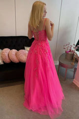 A-Line Hot Pink Tulle Lace Applique Long Prom Dress