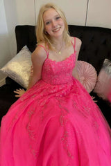 A-Line Hot Pink Tulle Lace Applique Long Prom Dress