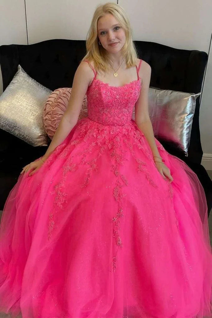 A-Line Hot Pink Tulle Lace Applique Long Prom Dress