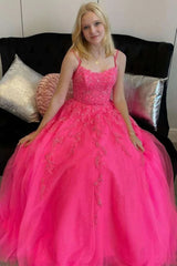 A-Line Hot Pink Tulle Lace Applique Long Prom Dress