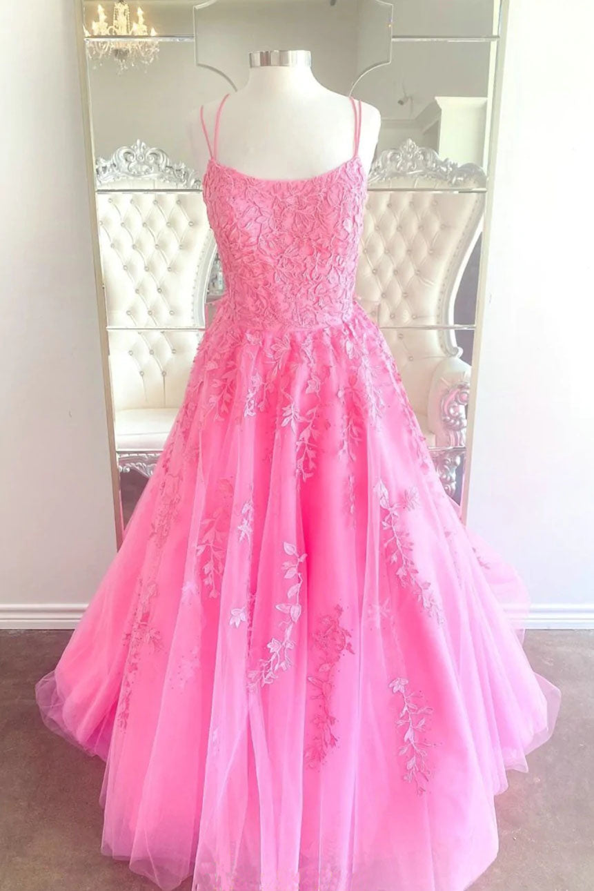 A-Line Hot Pink Tulle Lace Applique Long Prom Dress