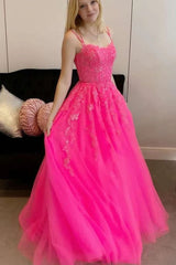 A-Line Hot Pink Tulle Lace Applique Long Prom Dress