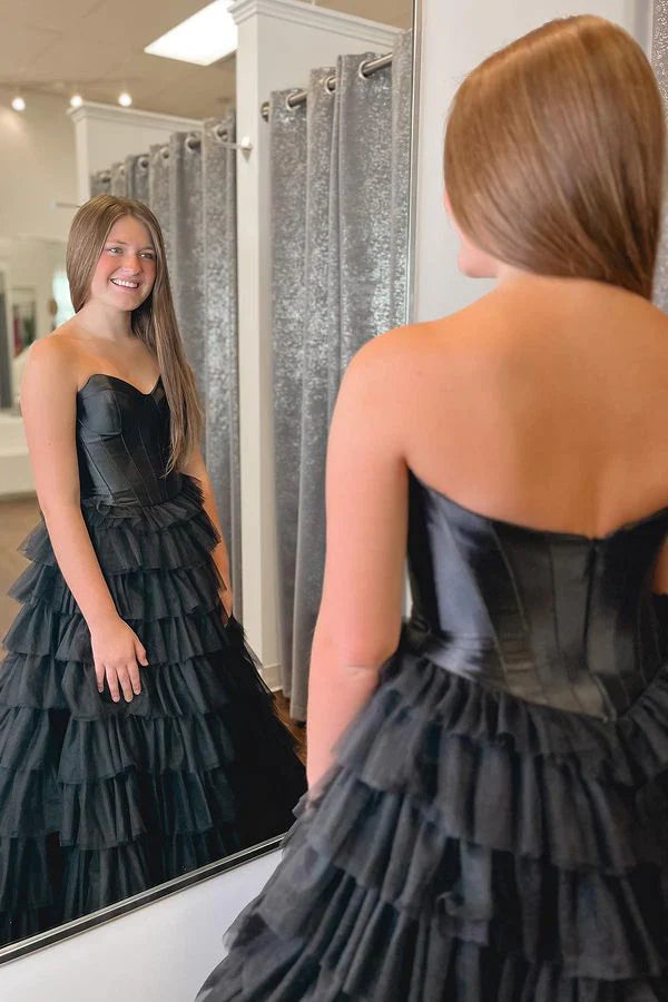 Black Strapless Princess Layered Prom Dress, Black Evening Gown with Slit