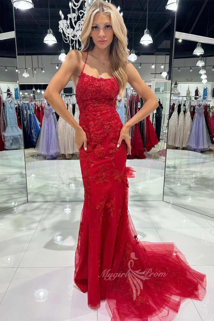 Glamour Red Tulle Lace Long Prom Dresses, Sleeveless Evening Gown