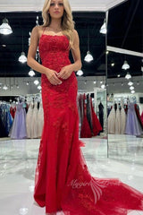 Glamour Red Tulle Lace Long Prom Dresses, Sleeveless Evening Gown