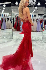 Glamour Red Tulle Lace Long Prom Dresses, Sleeveless Evening Gown