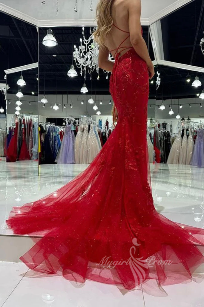 Glamour Red Tulle Lace Long Prom Dresses, Sleeveless Evening Gown