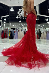 Glamour Red Tulle Lace Long Prom Dresses, Sleeveless Evening Gown