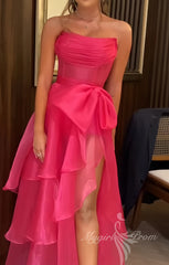 Glamour Hot Pink Organza Prom Dresses, Long Evening Gown with Slit