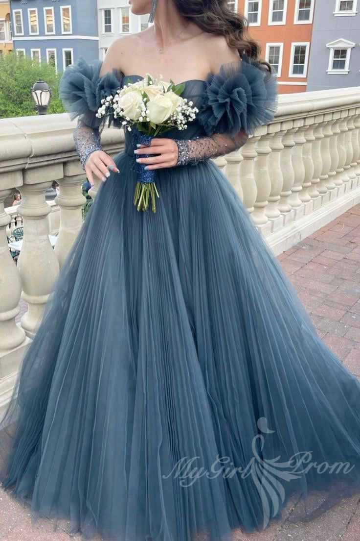 Dusty Blue Sweetheart Off-Shoulder Tulle Long Prom Formal Gown