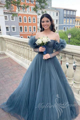 Dusty Blue Sweetheart Off-Shoulder Tulle Long Prom Formal Gown