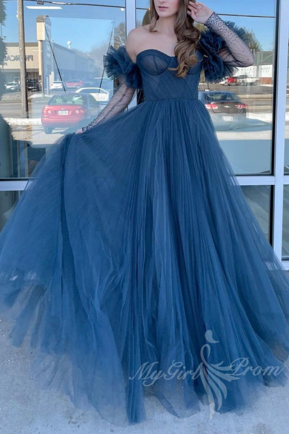 Dusty Blue Sweetheart Off-Shoulder Tulle Long Prom Formal Gown