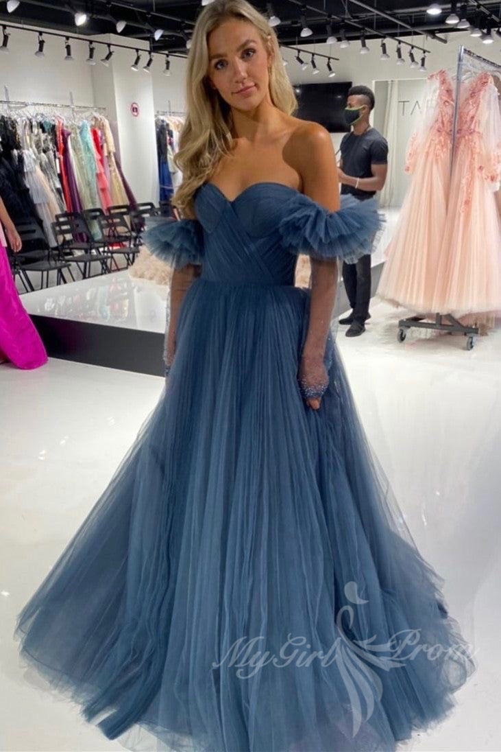 Dusty Blue Sweetheart Off-Shoulder Tulle Long Prom Formal Gown