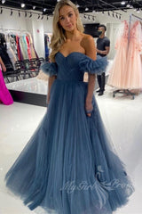 Dusty Blue Sweetheart Off-Shoulder Tulle Long Prom Formal Gown