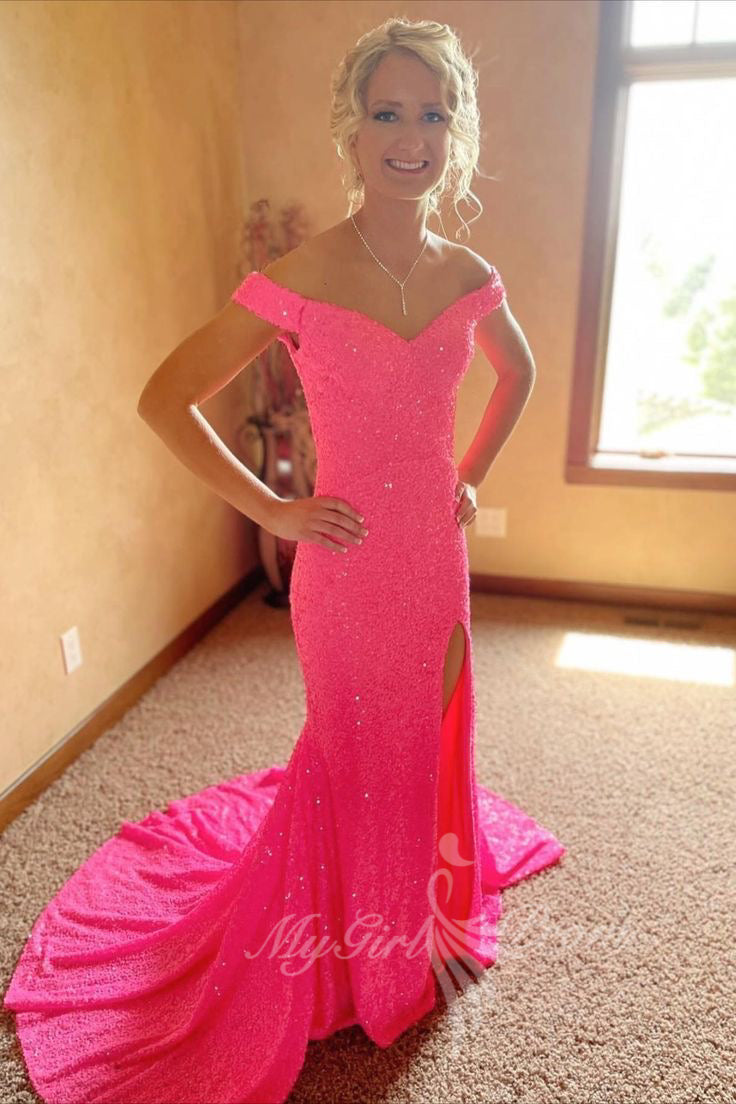 Barbie Pink Sequined Mermaid Prom Dress, Long Slit Formal Gown