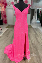 Barbie Pink Sequined Mermaid Prom Dress, Long Slit Formal Gown