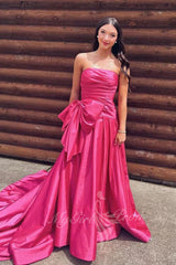 Elegant Strapless Hot Pink Satin Prom Dress with Bow and Train