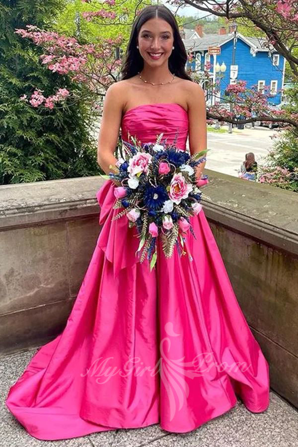 Elegant Strapless Hot Pink Satin Prom Dress with Bow and Train
