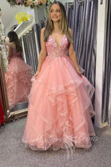 Pink V-Neck Tulle Long Prom Dresses, A-Line Lace Appliques Sweet Dress