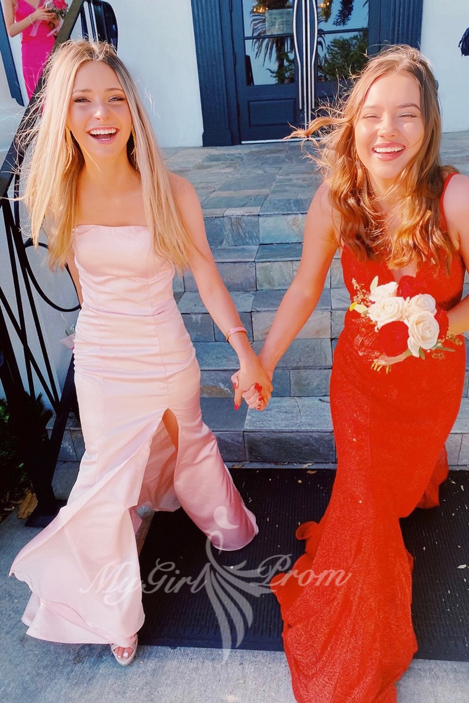 Simple Strapless Pink Satin Mermaid Prom Dresses, Slit Preppy Party Dress