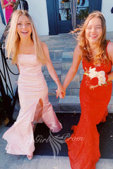 Simple Strapless Pink Satin Mermaid Prom Dresses, Slit Preppy Party Dress