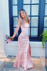 Simple Strapless Pink Satin Mermaid Prom Dresses, Slit Preppy Party Dress