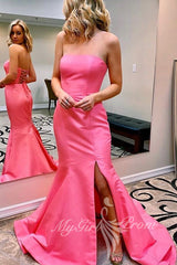 Simple Strapless Pink Satin Mermaid Prom Dresses, Slit Preppy Party Dress