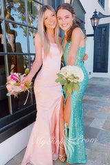 Simple Strapless Pink Satin Mermaid Prom Dresses, Slit Preppy Party Dress