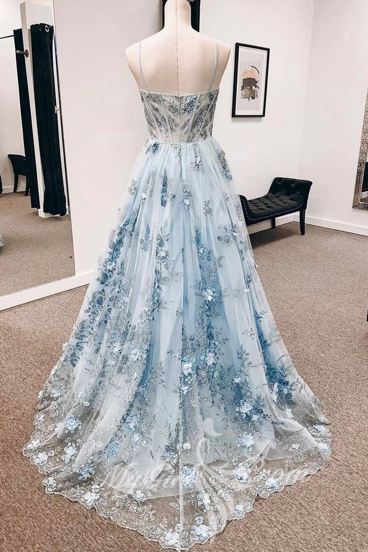 Blue Straps Sweetheart A-Line Floral Appliques Prom Dress, Long Formal Gown