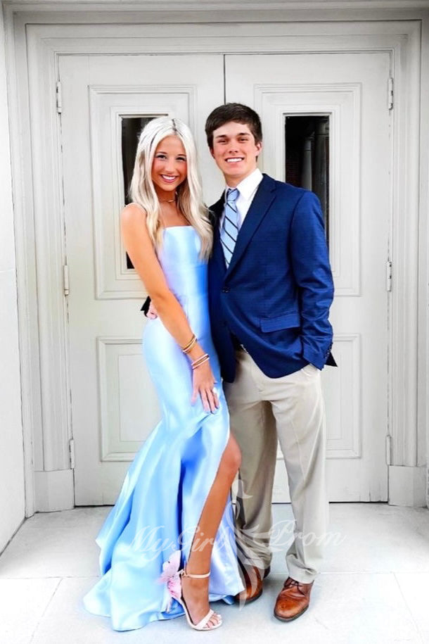 Spaghetti Straps Sky Blue Satin Mermaid Prom Dresses Slit Long Strapless Party Gown