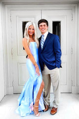 Spaghetti Straps Sky Blue Satin Mermaid Prom Dresses Slit Long Strapless Party Gown