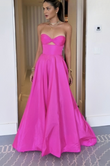 Hot Pink Satin Bra Top Prom Dresses, Unique Long Formal Gown