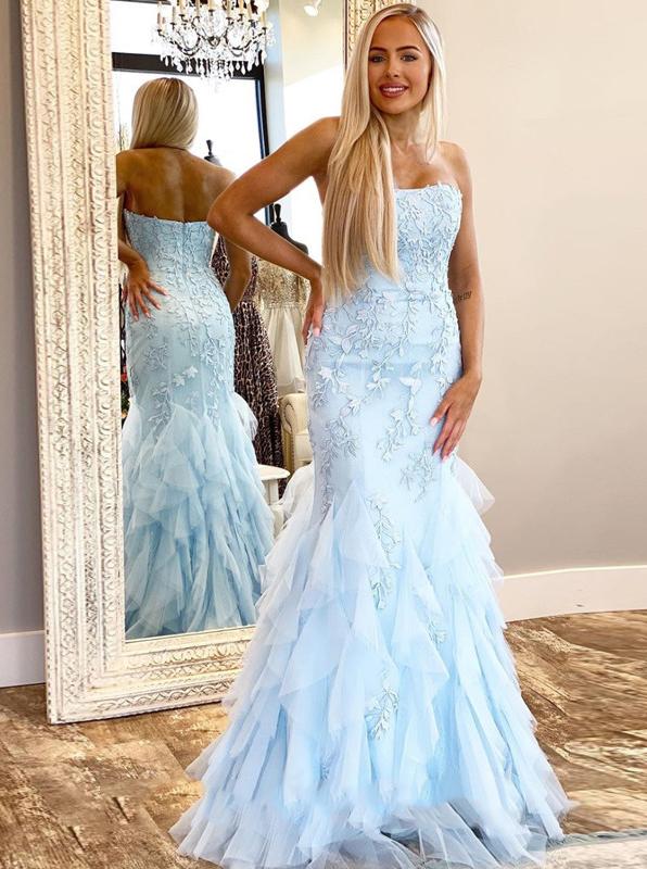 Sky Blue Mermaid Prom Dresses with Appliques, Strapless Formal Evening Dresses
