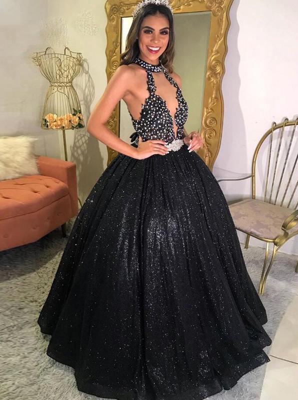 Glitter Halter Beaded Black Prom Dresses, Sleeveless A-Line Sequins Evening Dresses