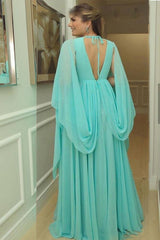 Mint Green Chiffon Long Prom Dresses, V-Neck Muslim Evening Party Dresses