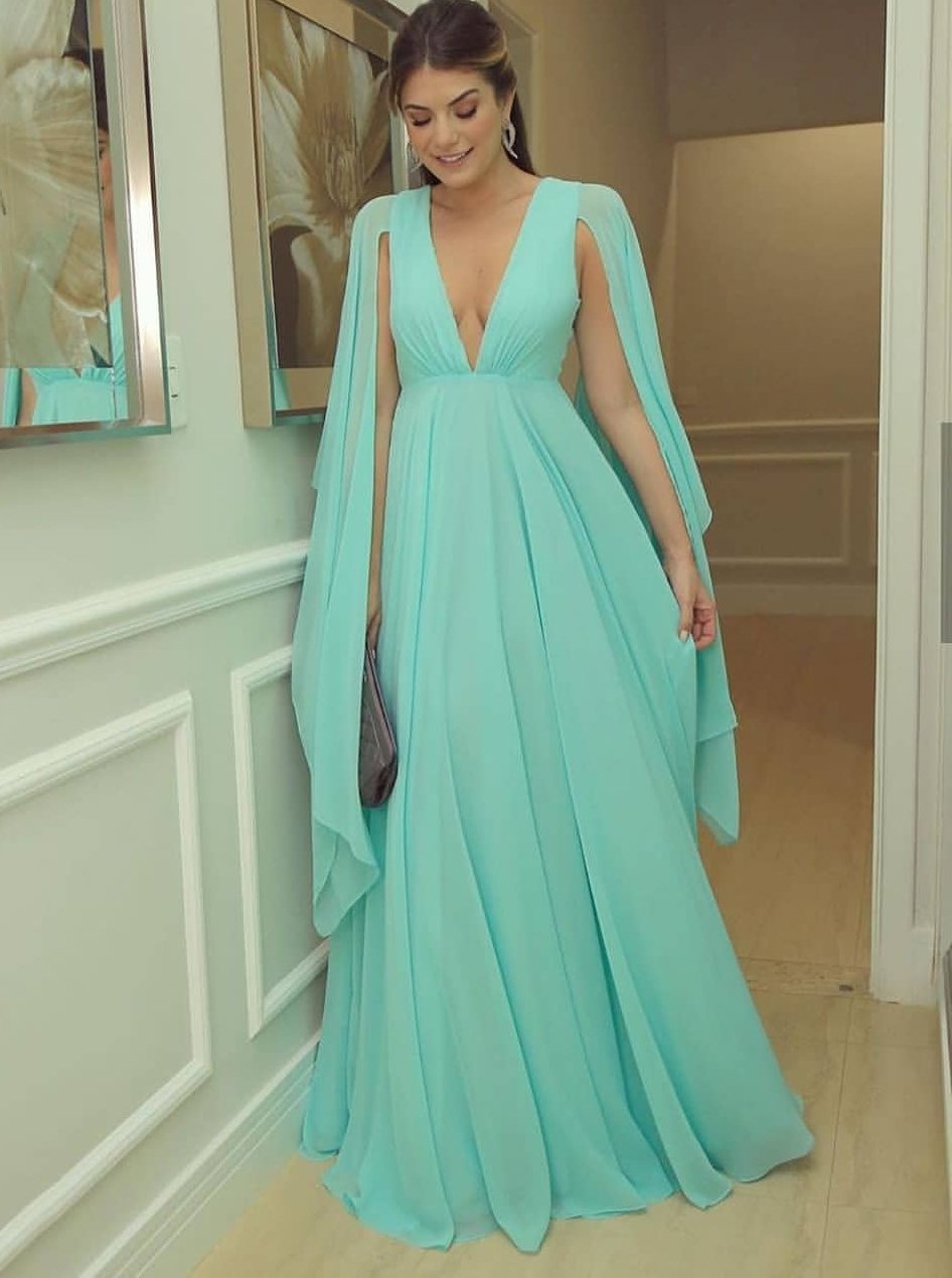 Mint Green Chiffon Long Prom Dresses, V-Neck Muslim Evening Party Dresses