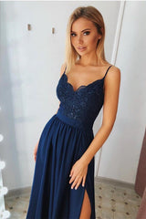 A-Line Lace Applique Dark Navy Long Prom Dress with Split