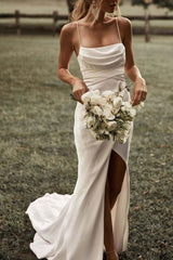 Ivory Spaghetti Straps Sheath Beach Wedding Dresses, Simple Slit Wedding Dress