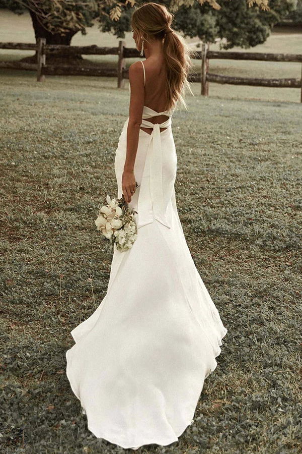 Ivory Spaghetti Straps Sheath Beach Wedding Dresses, Simple Slit Wedding Dress