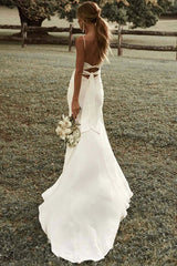 Ivory Spaghetti Straps Sheath Beach Wedding Dresses, Simple Slit Wedding Dress