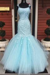 Princess Spaghetti Straps Appliqued Mermaid Prom Dresses, Ruffle Formal Dress