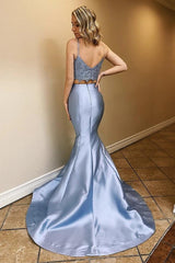 Lace Top Blue Two-Piece Prom Dresses, Mermaid Party Dress