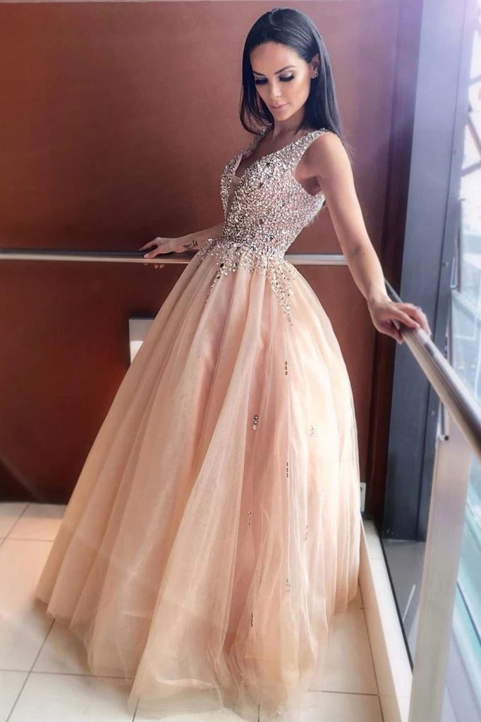 A-Line V-Neck Sparkly Beading Bodice Tulle Long Prom Dress