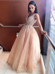 A-Line V-Neck Sparkly Beading Bodice Tulle Long Prom Dress