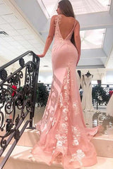 Mermaid V-Neck Spaghetti Straps Long Prom Dresses, Appliques Party Dress